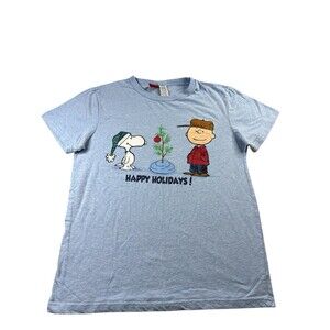 Peanuts‎ Snoopy & Charlie Brown Happy Holidays Sleep Shirt Blue Medium Christmas
